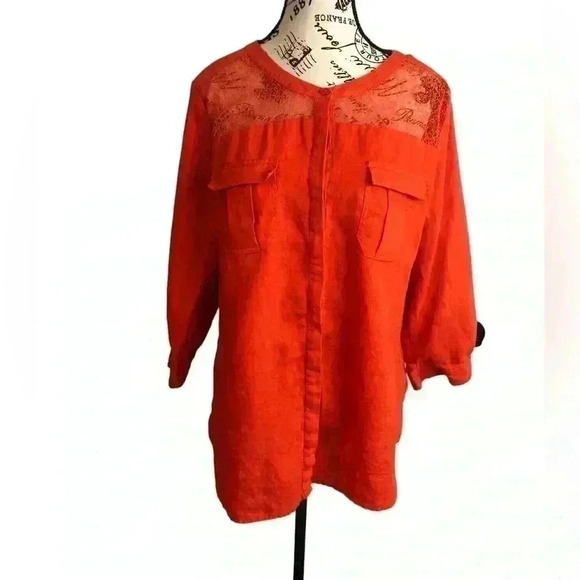 Madison Ladies Large Button Up Linen Blouse orange Lace Top and Back Roll Tab - Picture 1 of 5